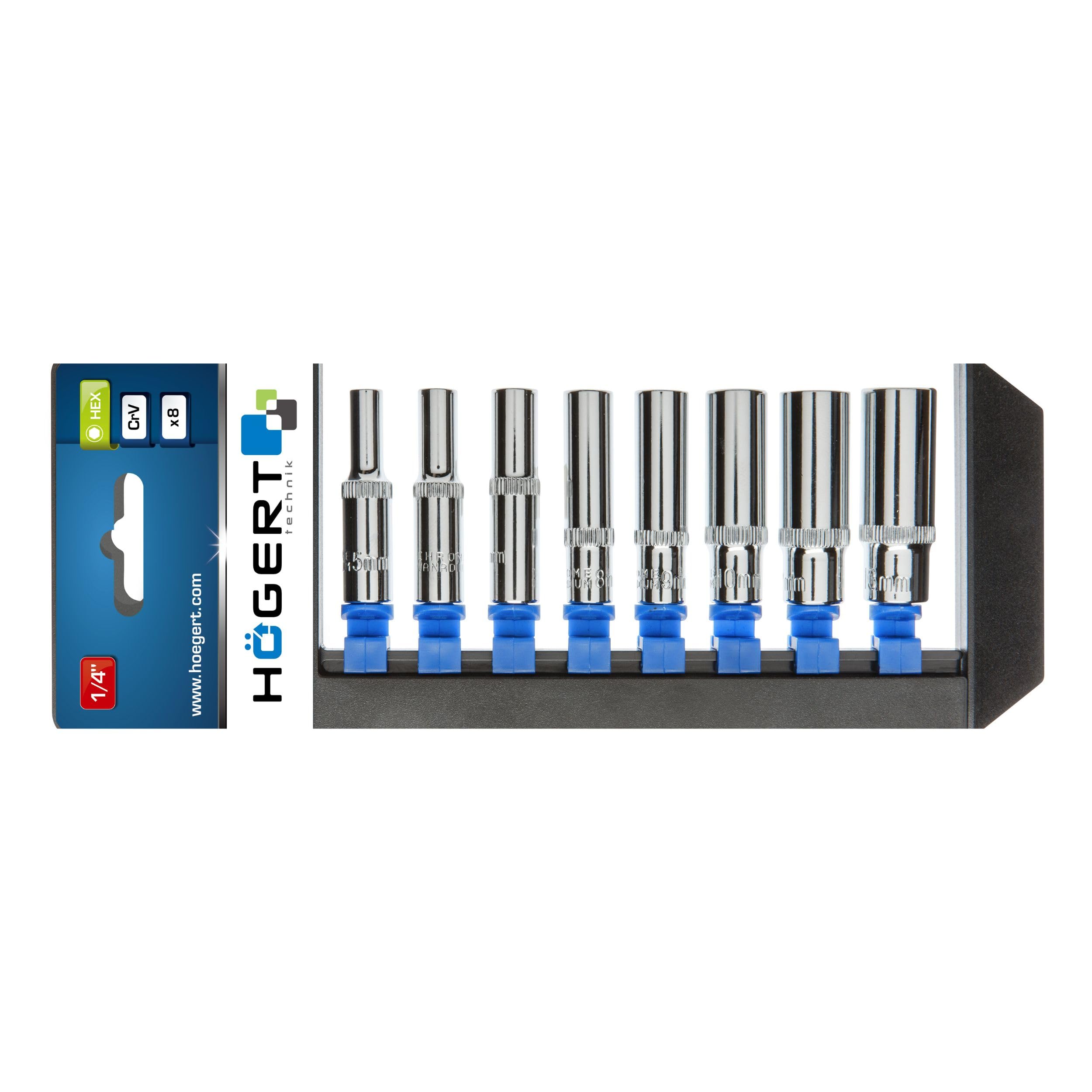 HÖGERT TECHNIK Socket Spanner Set 8-Piece 1/4 Inch 5.5-13 mm Chrome Vanadium Steel Alloy Socket Spanner Set Tool Box Long, Black/Blue/Grey