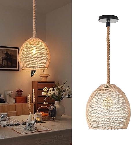 Arturesthome Lámpara colgante de ratán natural para isla de cocina, lámpara de araña tejida, pantalla de techo colgante hecha a mano, lámpara de