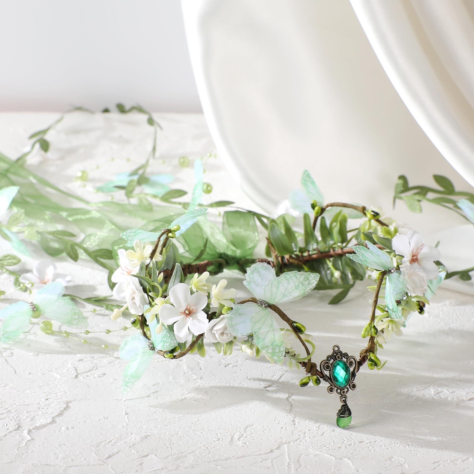 MOSTORY Couronne d'elfes - Bijou de tête de fée de la forêt - Costume de carnaval - Couronne de fleurs vert forêt - Elfe - Papillons - Compas floral - Forêt - Elfes - Esthétique - Pour femme