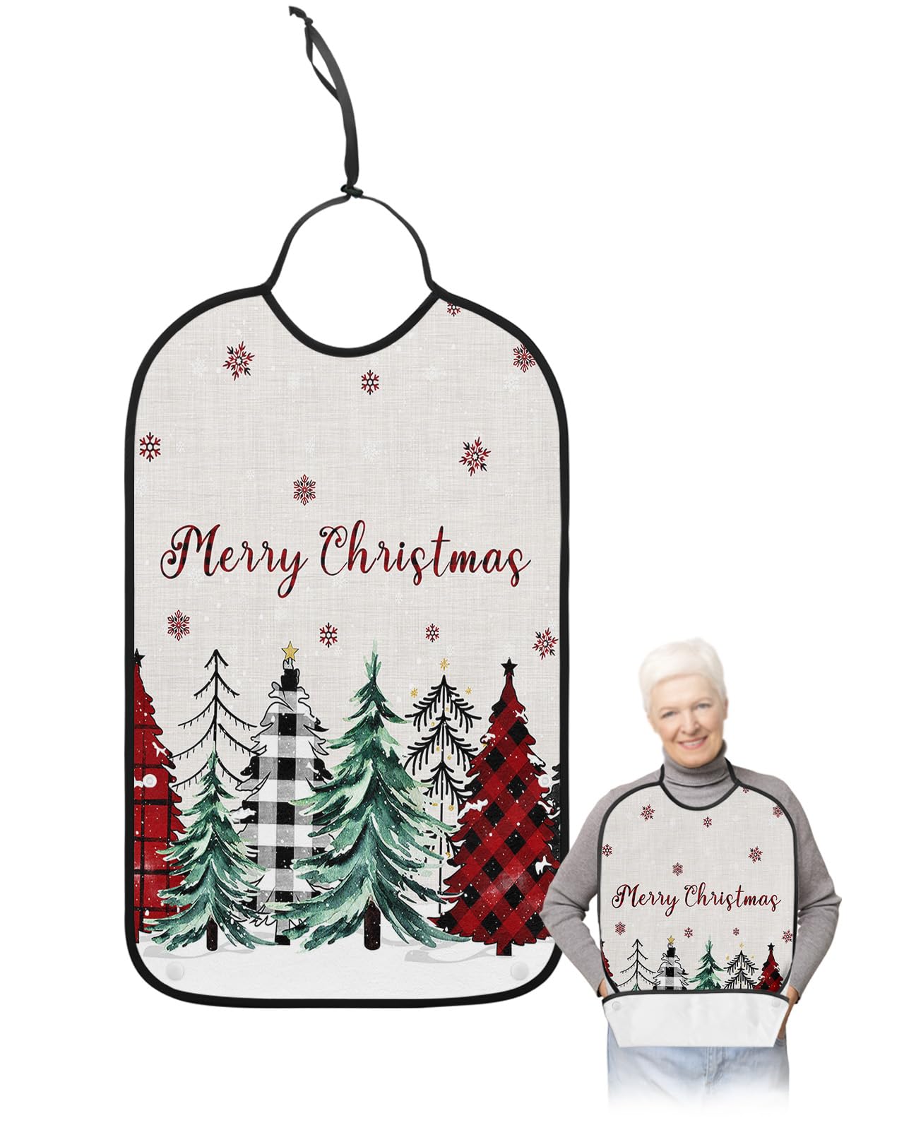 Christmas Tree Adult Bibs for Eating, Waterproof Bibs with Food Catcher & Adjustable Snap Closure, Green Red Black Xmas Tree Rustic Snowflake Clothing Protectors Adult Bibs for Elderly Women/Men