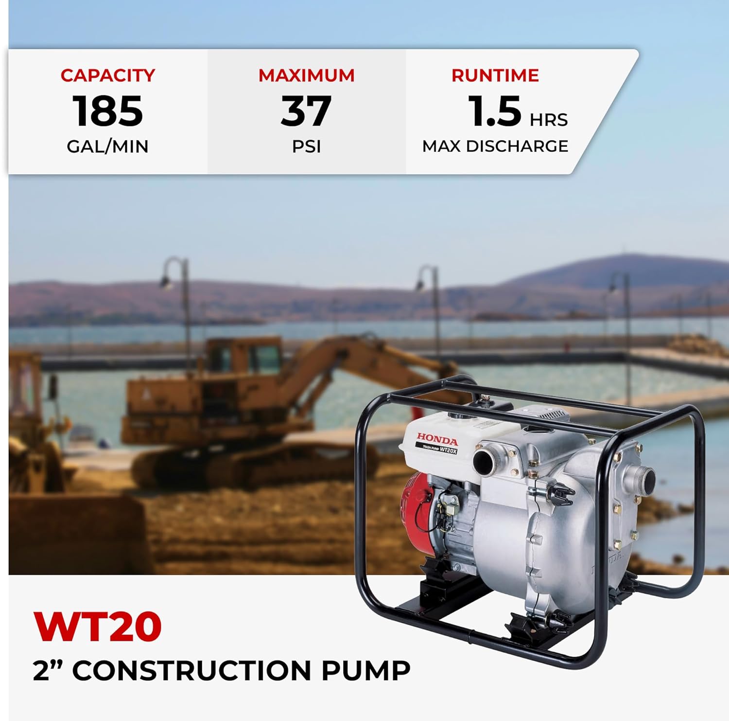 Honda WT20 2-Inch Construction Trash Pump, Gas Powered Water Pump, Solid Handling Capability Up to 13/16 Inch, 185 Gallons per Minute Capacity, Commercial-Grade Engine, Heavy Duty Frame (WT20XK4AC)