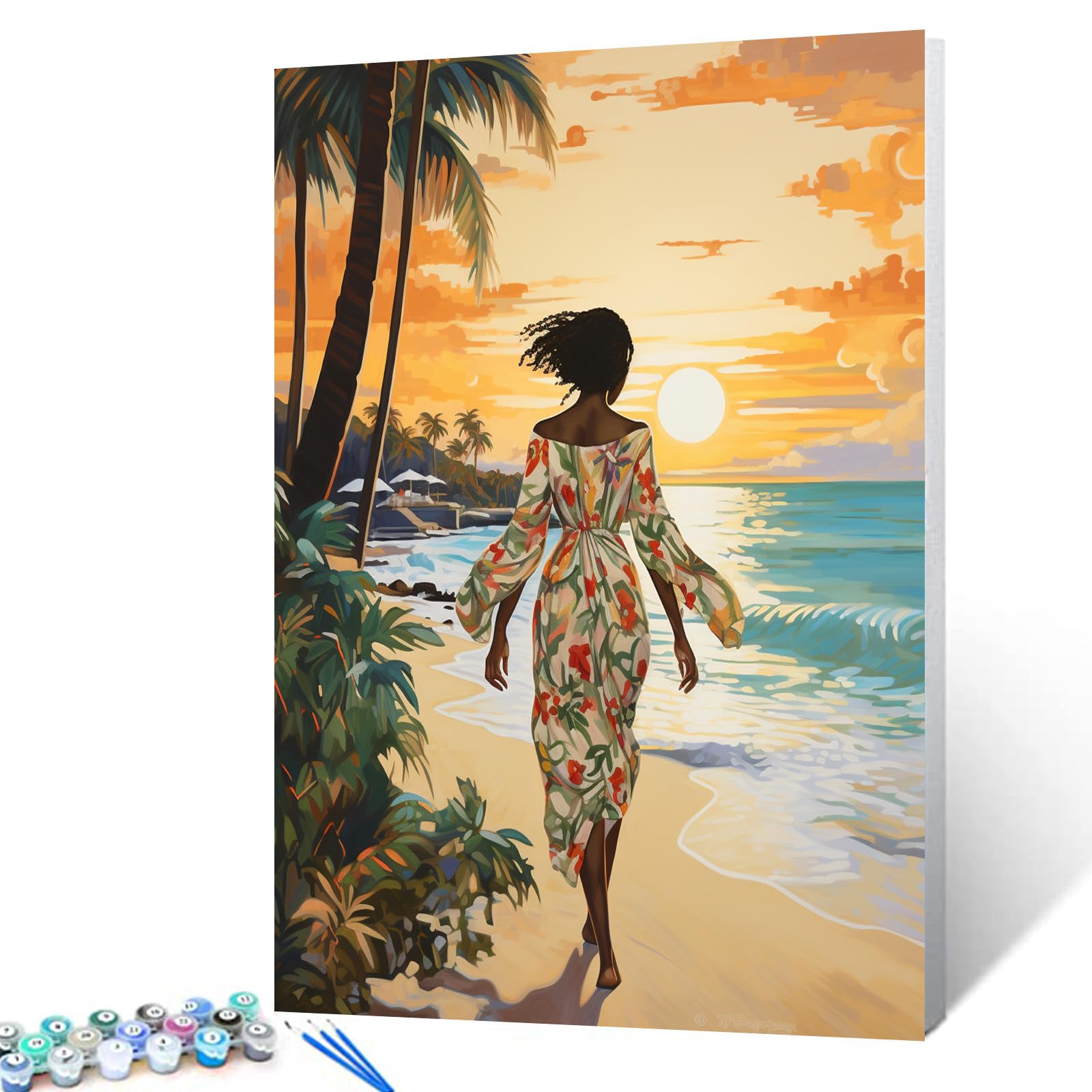 Hawaii Seascape Paintwork African Girl at Sunset Paint by Number Kits 16 x 20 inch Canvas Tropical Coconut Tree DIY Oil Painting for Kids Adults Beginner with Brushes and Acrylic Gift(Frameless)