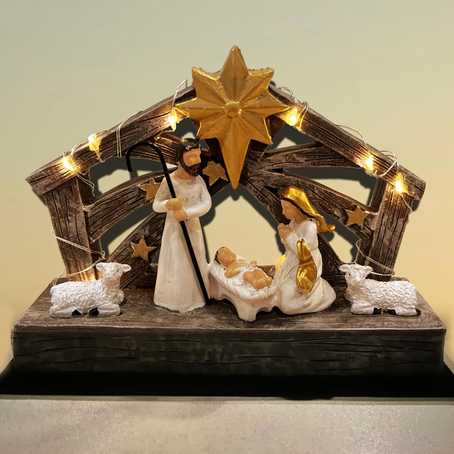 Nativity Scene with Lights, Sculpted Hand Painted Nativity Sets Resin Figure, First Christmas Story Decoration Holy Family Manger Little People Nativity Set for Indoor Mantle Shelf Tabletop