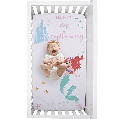 Miniatura 4 de Disney Ariel Watercolor Wishes Aqua, Pink and White Never Stop Exploring - Sábana bajera ajustable para cuna (100% algodón)