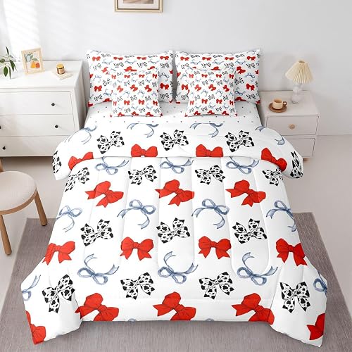 Erosebridal Red Bow 7 Piece Comforter Set Full | Cow Print Bowknot Bed in A Bag 