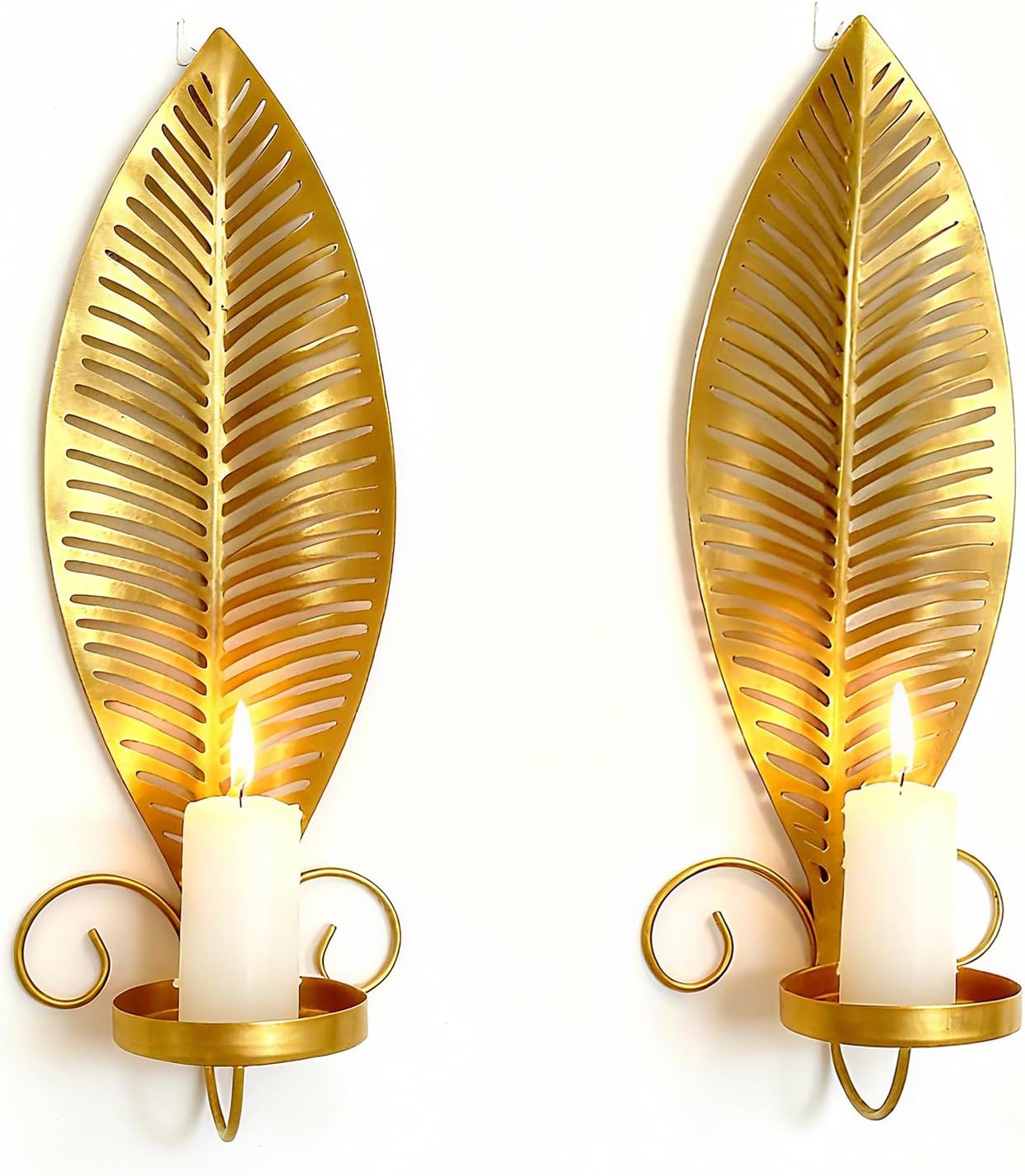 Farmhouse Wall Candle Sconces Vintage Metal Leaf Candle Holder, Set of 2 Wall Candlestick Mounted for Hallway Fireplace Bedroom Living Room (Gold)