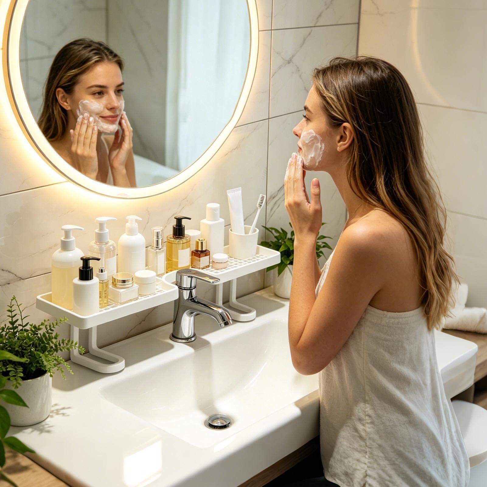 Étagère au-Dessus du Robinet Salle de Bain - sans Perçage 50 Cm Forme en U Drainage Rapide,Étagère au-Dessus du lavabo pour Salle de Bain - brosses à Dents, cosmétiques, shampoings,