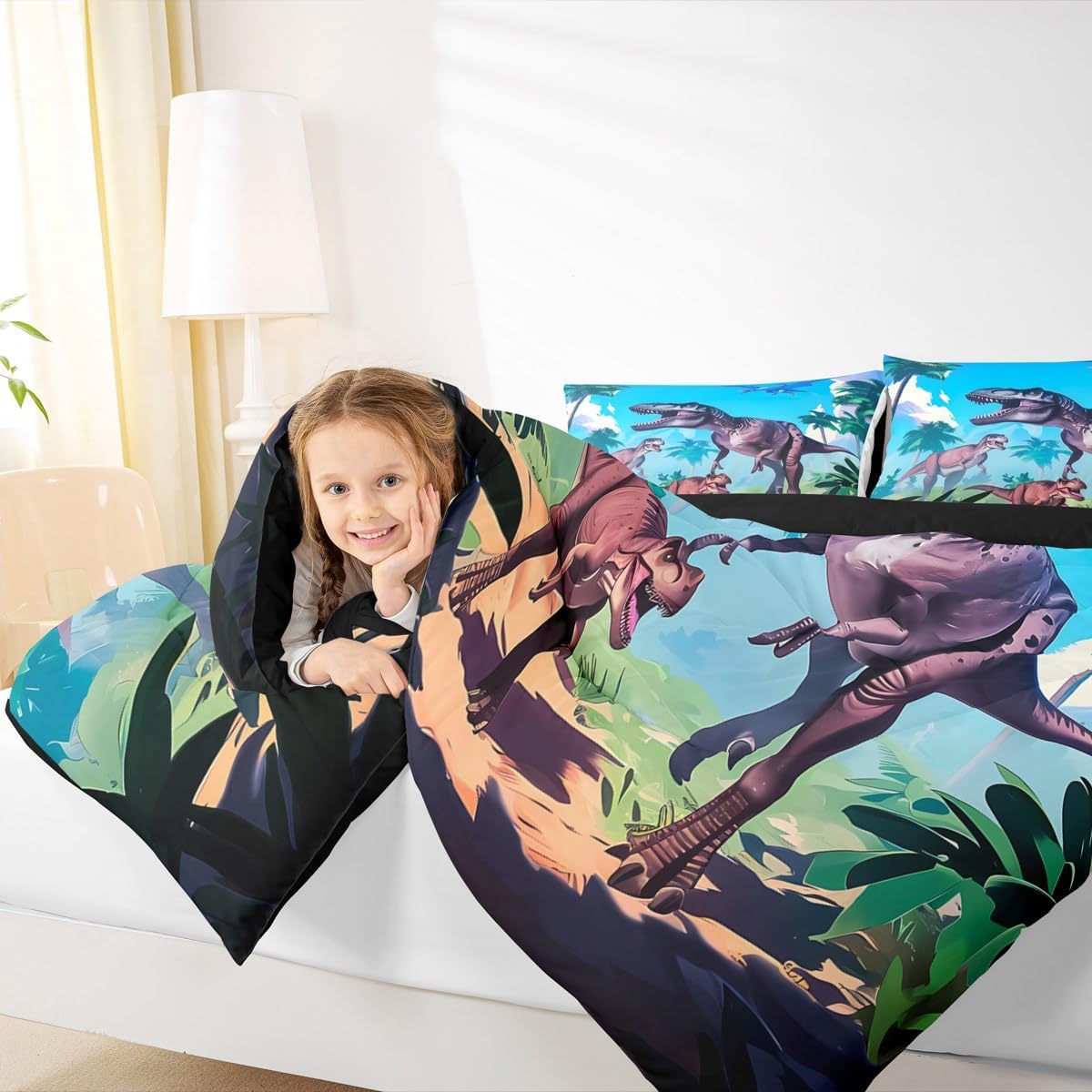 Feelyou 3D Dino Comforter Set Toddler Size Dinosaur Bedding Set for Boys Girls Children Jungle Dino Duvet Quilt Room Decor Wildlife Breathable Soft Microfiber All Season 2Pcs