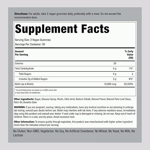 Miniatura 2 de Piping Rock Gomitas de 10000 mcg  60 unidades  Suplemento para el cabello, la piel y las uñas  Sabor melocotón  Vitamina para mujeres y hombres