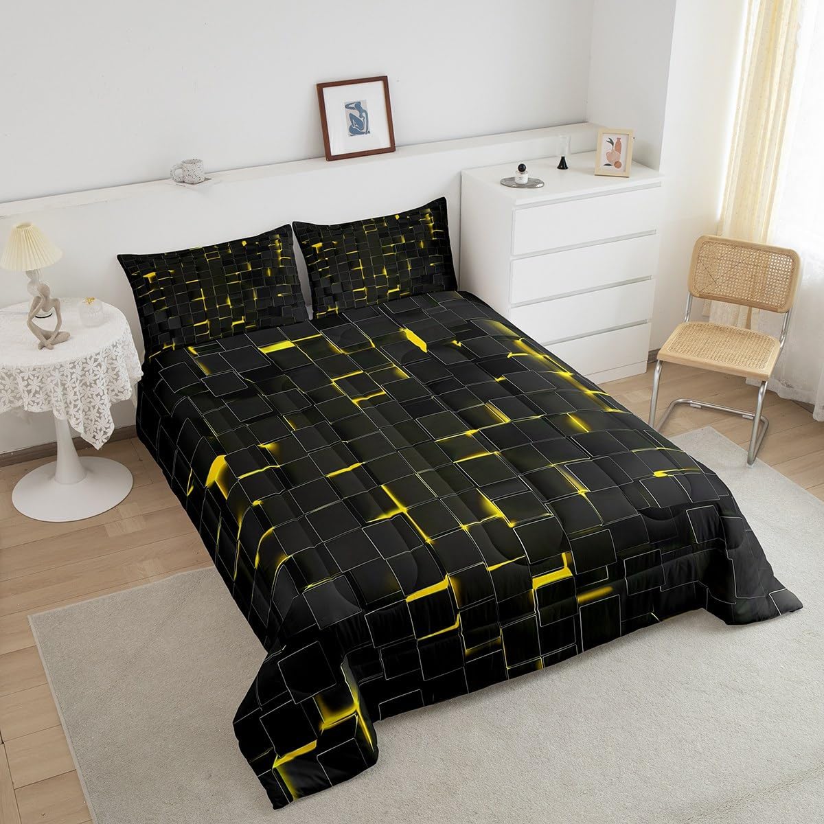 Erosebridal Yellow and Black Kids Comforter Set Toddler Geometric Check Bedding Set for Boys Teens Black Simple Checked Bedding Comforter Sets Modern Style Quilt Duvet Room Decor