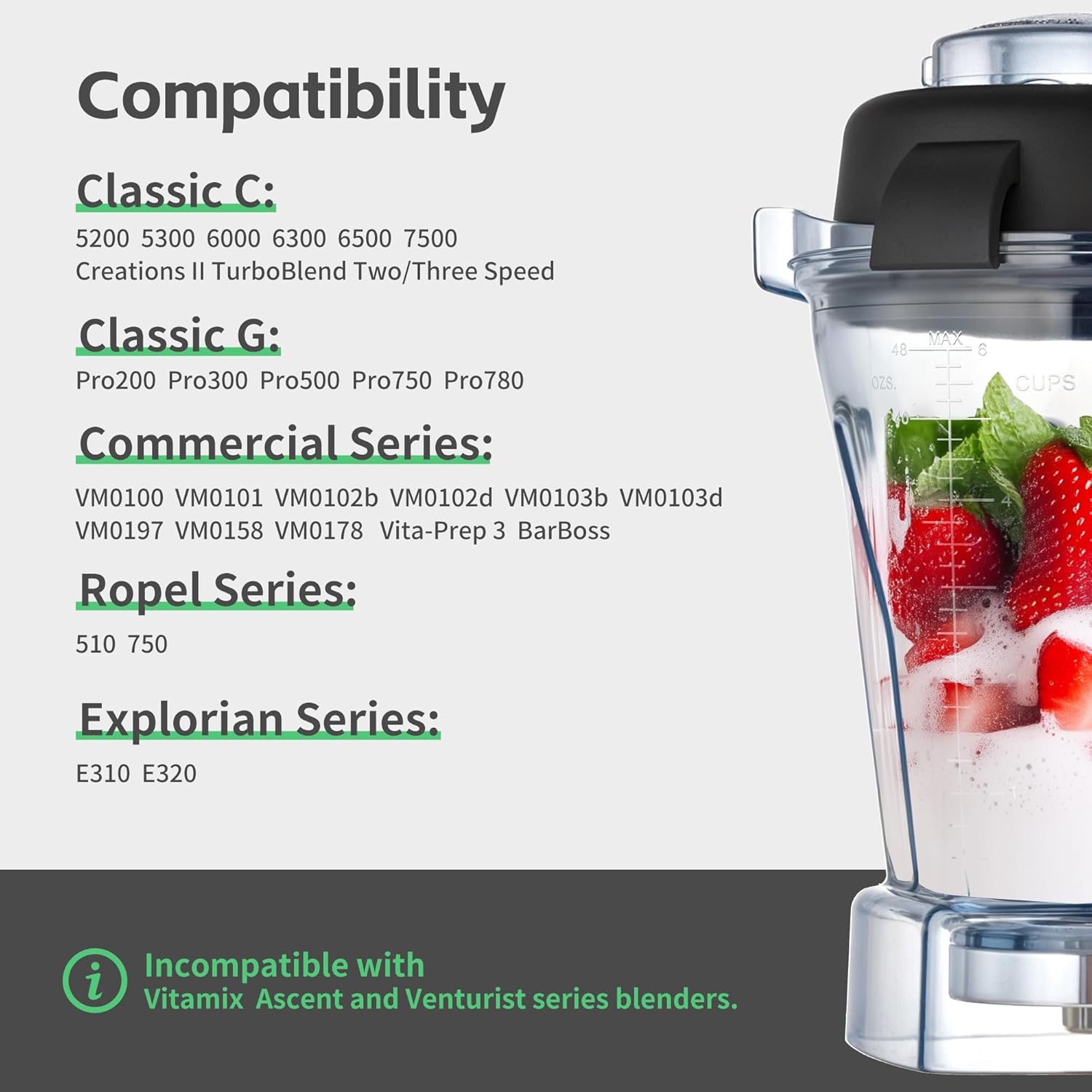48oz Replacement Container for Vitamix Blenders, Compatible with E310 E320 5200 7500 Pro 750 VM0101 VM0197, Fits Explorian Classic Professional Series, BPA-Free Durable Pitcher Jar Cup