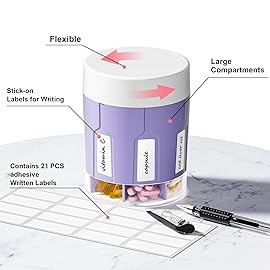 Betife Extra Large Supplement Organizer,Weekly Pill Organizer Bottle, Daily Pill Dispenser with 7 Large Compartments, Organizer to Hold 7 Day Vitamin Medication,21 labels and a cleaning brush (Purple)