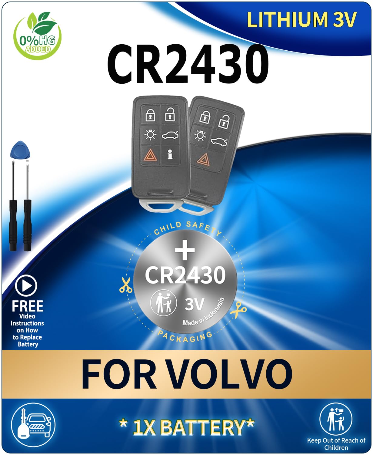 CR2430 Key Fob Replacement Batteries for Volvo XC60 (2010-17), S60 (2011-18), XC70 (2008-16), S80 (2007-16), V60 (2015-18), V70 (2008-10) Remote Fob Battery, Includes Pry Tool for Easy Installation