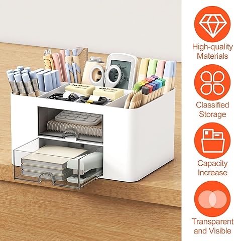 Shuttle Art Desk Organizer with 2 Drawers | Multi-Functional Stationery Holder for Office, Study Table, Home | 5 Compartment Pen, Pencil, Marker Storage Box for School & Art Supplies (White) - Image 7