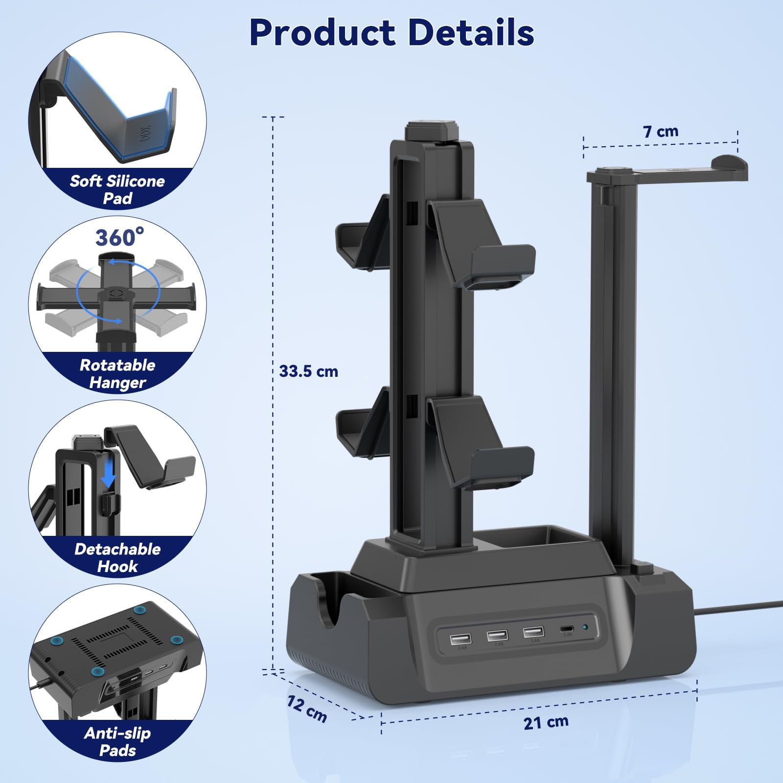 KDD Gaming Kopfhörer Ständer mit USB A Typ-C Ladegeräten, Headset Halterung Controller Halter mit Ladestation, Geräteschlitz für Handy Tablet, Kopfhörer für PC Gaming Zubehör