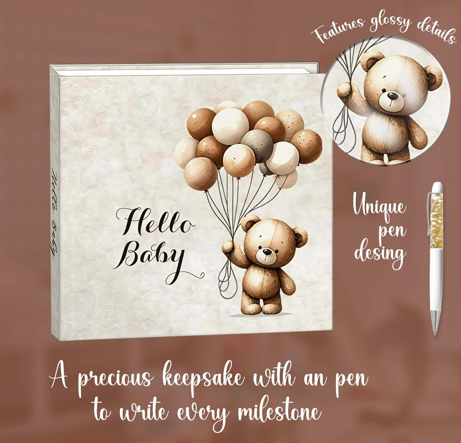 Babyalbum und Erinnerungsbuch perfekt für Jungen oder Mädchen, Teddybär-Design Baby erste 5 Jahre Babybuch, Baby-Erinnerungsbuch mit einzigartigem Stift, Hardcover mit 90 einzigartigen Seiten, Baby