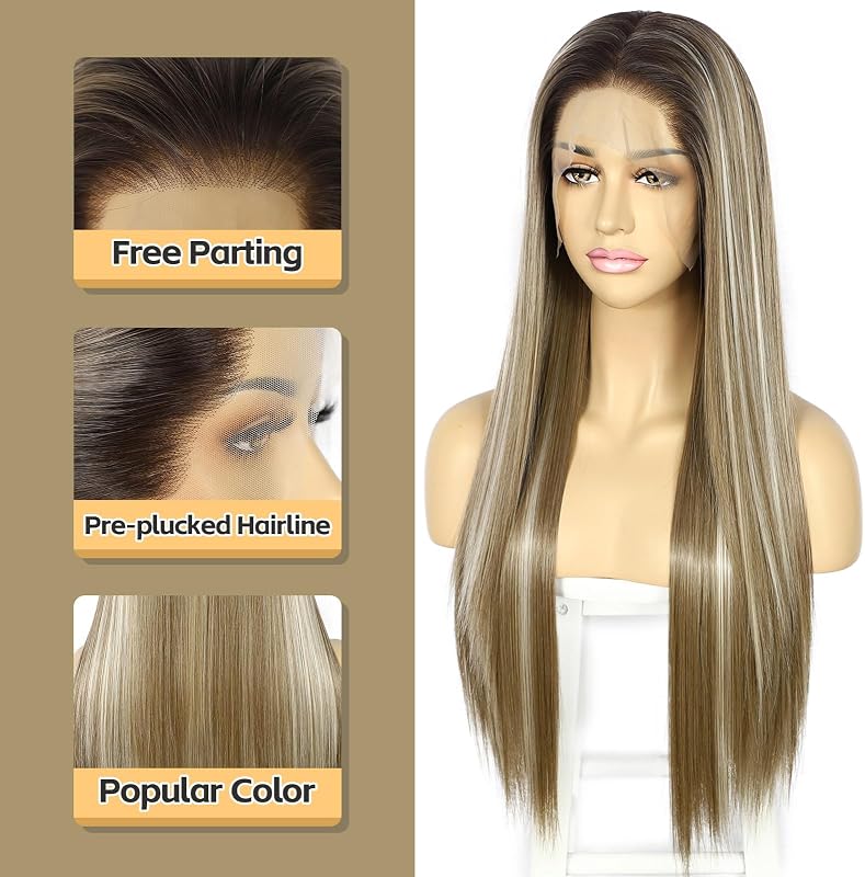 Sapphirewigs Hosszú Egyenes Barna Paróka Melírozott Szintetikus Hajjal - 13x6 Csipke Első Rész, Hőálló, 66 cm, 150% Dússág, Alkalmi Viseletr