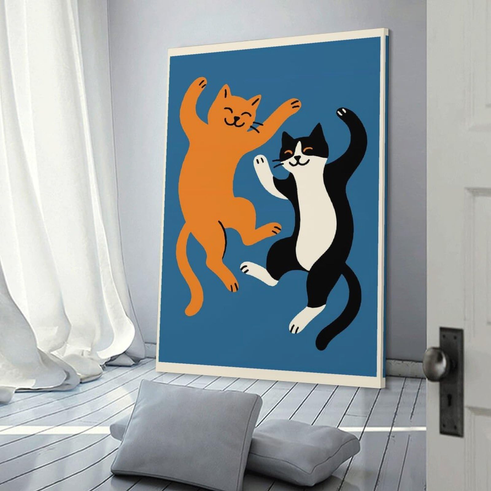 Junmoney Dancing Cats Illustration Canvas Art Print, 20x30inch(50x75cm), for Wall Displays, Bedrooms Or Room Updates, Home Wall Art for Statement Displays