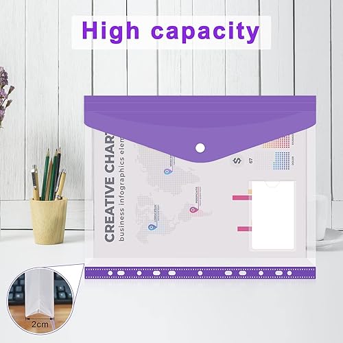 Miniatura 6 de Toplive Bolsillos para carpeta, paquete de 12 sobres de 11 agujeros, organizador de sobres de tamaño A4, sobres de polietileno transparente,