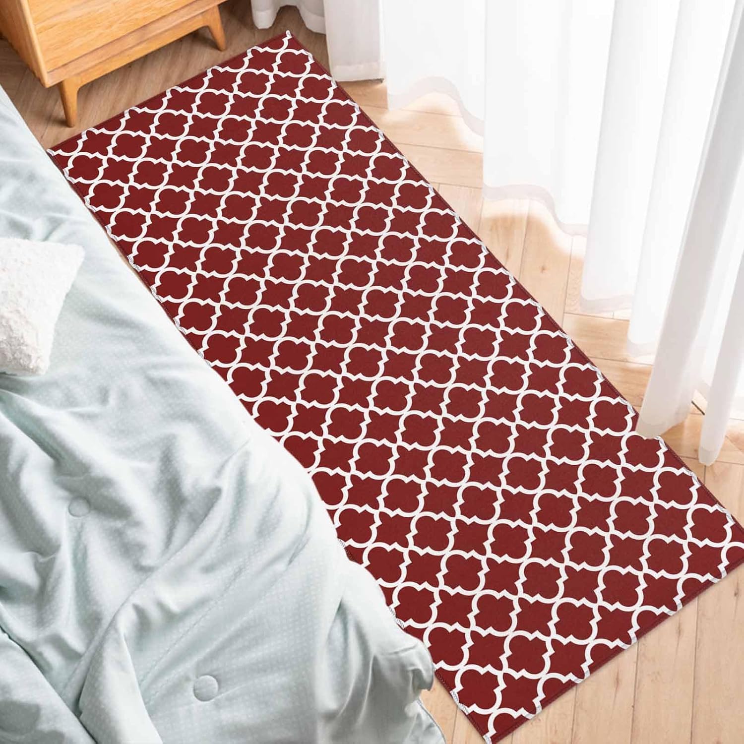 2 Pieces Kitchen Rugs and Mats,Modern Morocco Geometric Tile Pattern Area Runner Rug Set Non Slip Floor Doormat Washable Carpet Standing Mat for Kitchen Sink Indoor Corridor,Farmhouse Burgundy Red