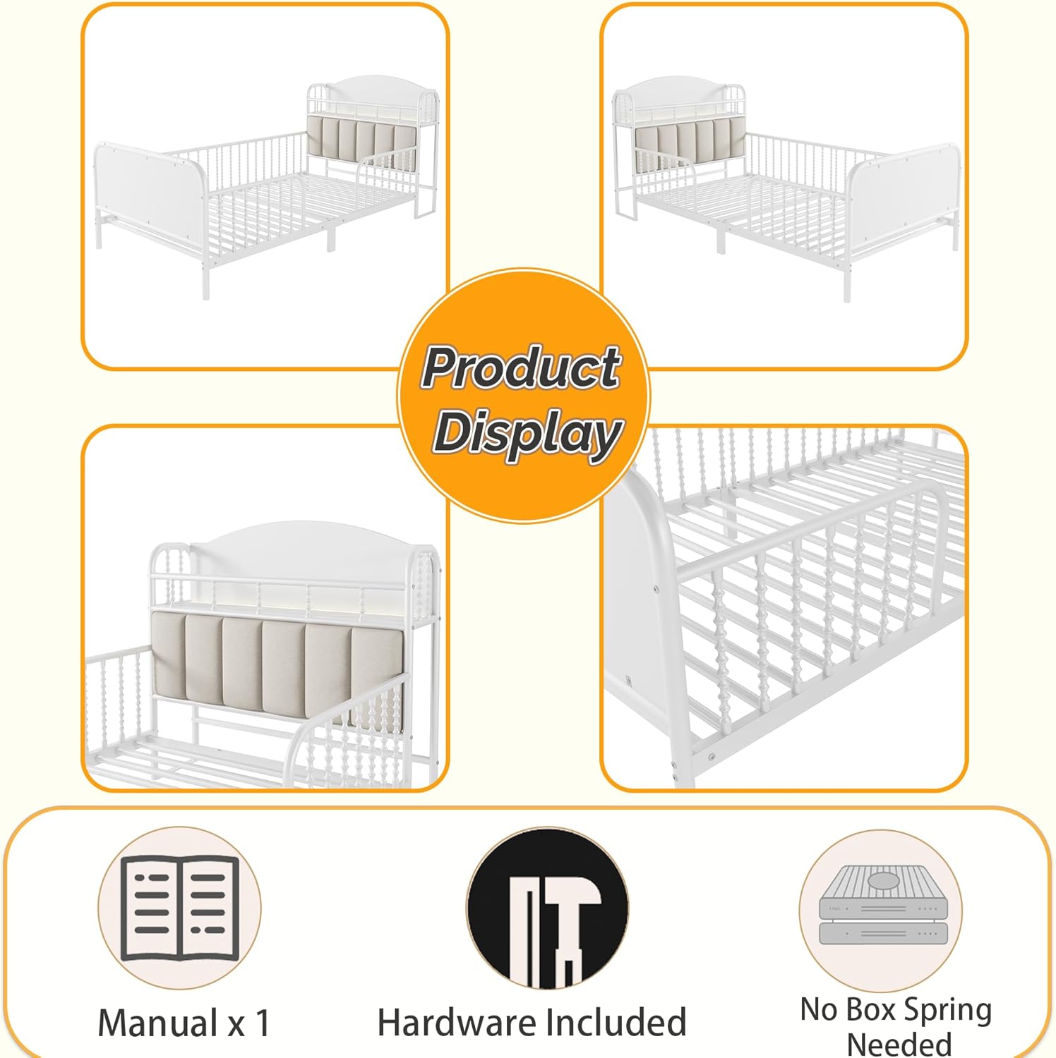 Twin Bed Frames for Kids with Rails, Metal Platform Bed with Light, Low Profile Bed with Storage and Upholstered Headboard for Boys and Girls, White
