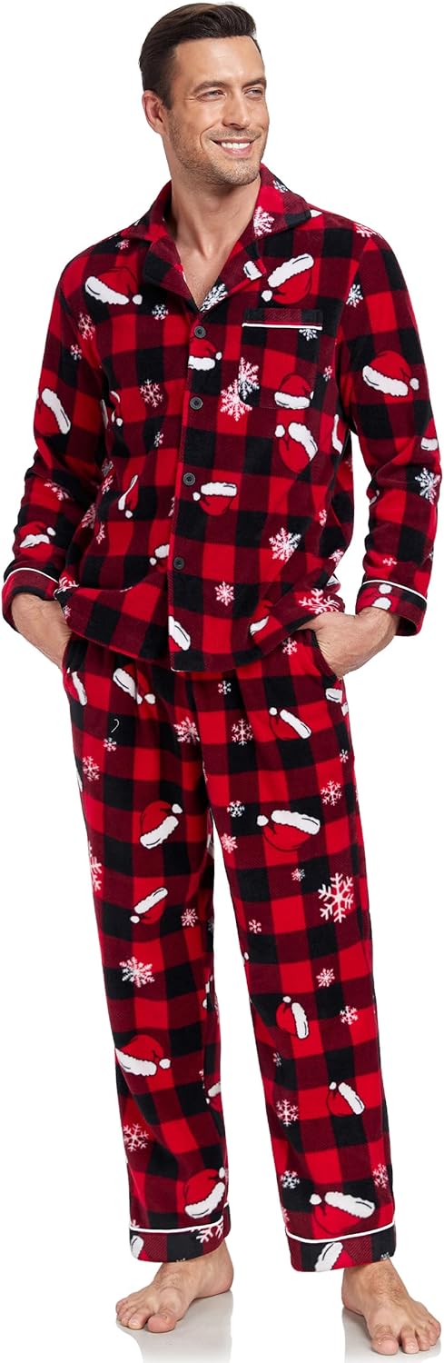 COLORFULLEAF Couples Matching Chritsmas Pajamas Sets Fleece Plaid Button Down Pjs Set Soft Warm Loungewear with Pockets - Image 2