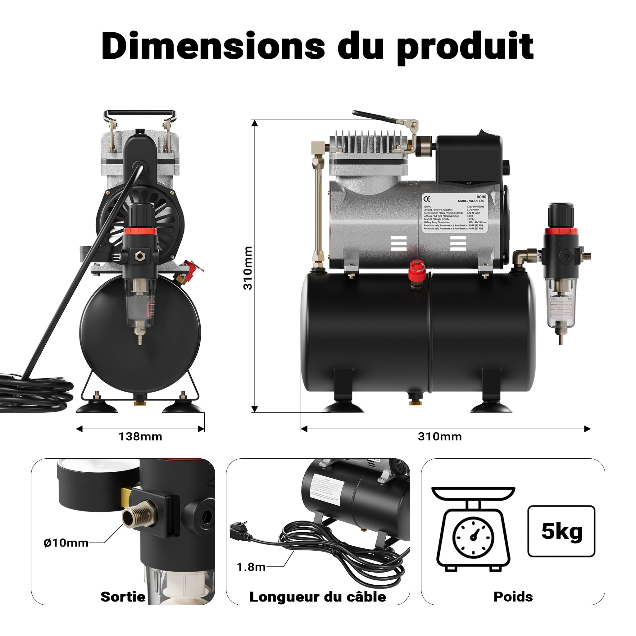 Wiltec Compresseur à membrane Aérographe Airbrush AF186 – 4 bar – Diaphragme – Sans huile – Réservoir d'air Réducteur de pression Coupure automatique – Aérographie, modélisme, manucure, tatouage