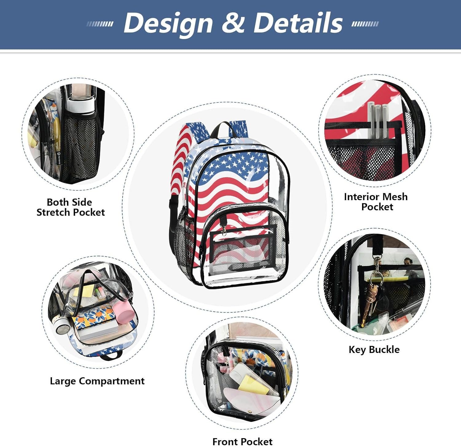 American Flag Chevron Star Clear Backpack Heavy Duty See Through Transparent PVC BookBag for Kids Boy Girl Adult School Work