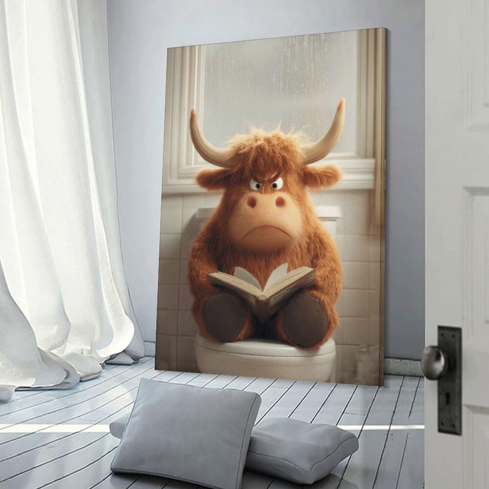 Junmoney Wall Picture Print Grumpy Highland Cow Reading on Toilet, 24x36inch(60x90cm), for Living Room, Bedroom Or Home Office, Home Decor Gift with Stylish Appeal