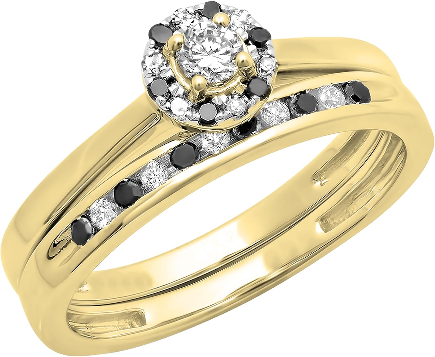 Dazzlingrock Collection 0.40 Ctw 10K Real Solid Gold Round Black & White Natural Diamond Women Bridal Halo Engagement Ring with Band Set