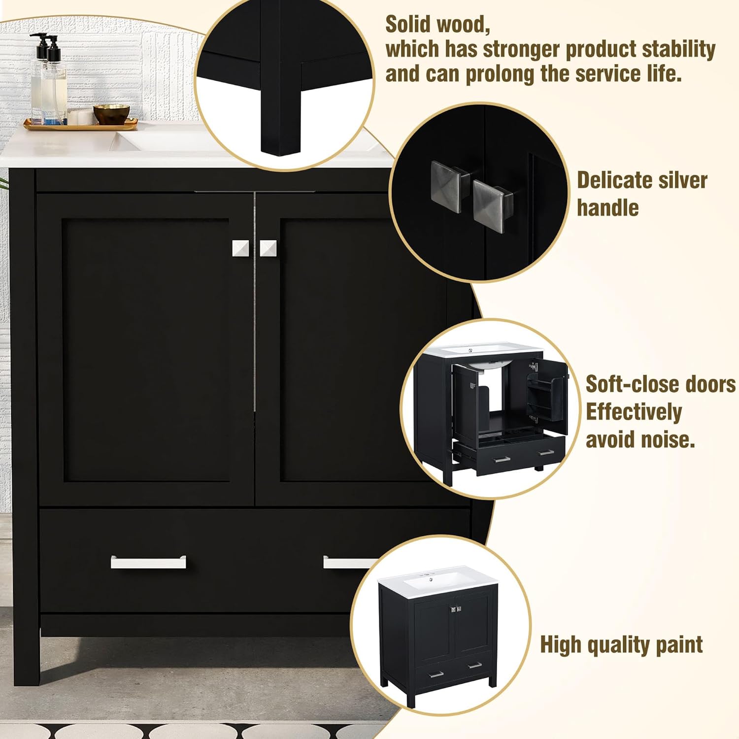 GDFStudio 30" Bathroom Vanity Sink Combo with 1 Drawers & 2 Soft Closing Doors Floor Mount Freestanding Wood Bathroom Storage Cabinet Set with Ceramic Basin Sink Top for Small Bathroom Space, Black