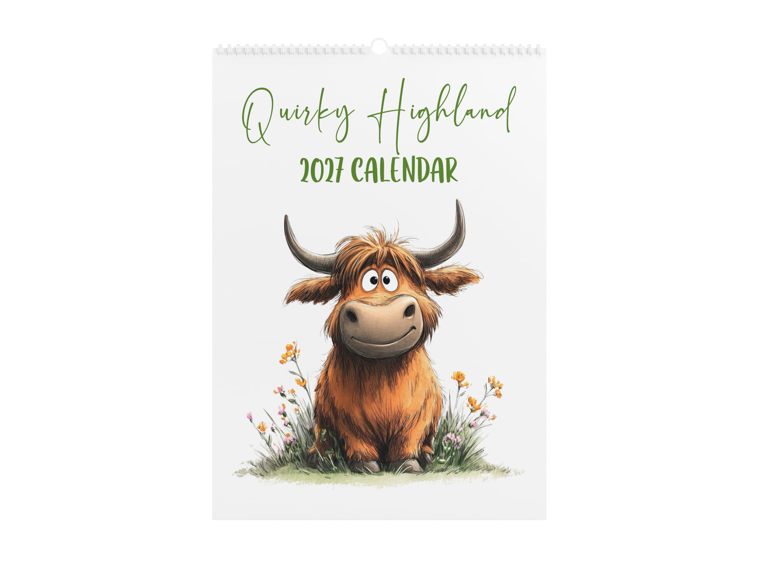 Quirky Highland Cow 2027 Wall Calendar, 12 Month Scottish Cow Design, Monthly Planner with Seasonal Illustrations, Handmade A4 Coo Calendar