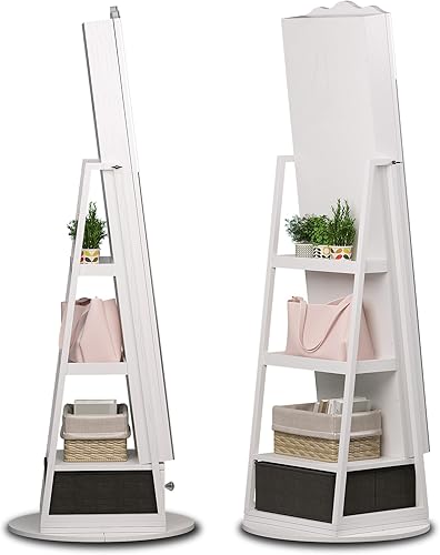Miniatura 3 de Armario de joyería con espejo de pie de longitud completa con luces, almacenamiento y estante giratorio, color blanco
