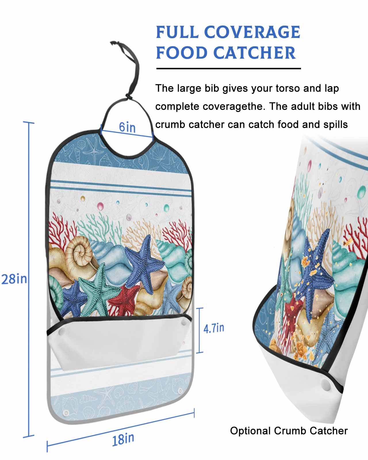 LEOKOTI Blue Coastal Adult Bibs for Eating, Waterproof Bibs with Food Catcher & Adjustable Snap Closure, Nautical Starfish Coral Shell Beach Ocean Washable Clothing Protectors Adult Bibs for Elderly