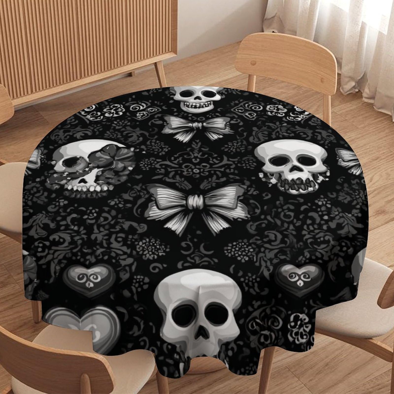 LUYYSKY Romantic Realistic Skull Skeleton Round Tablecloth Minimalist Vintage Black White Bow Heart Pattern Washable Decor for Table Cover for Kitchen-91.4" Wx91.4 L cm