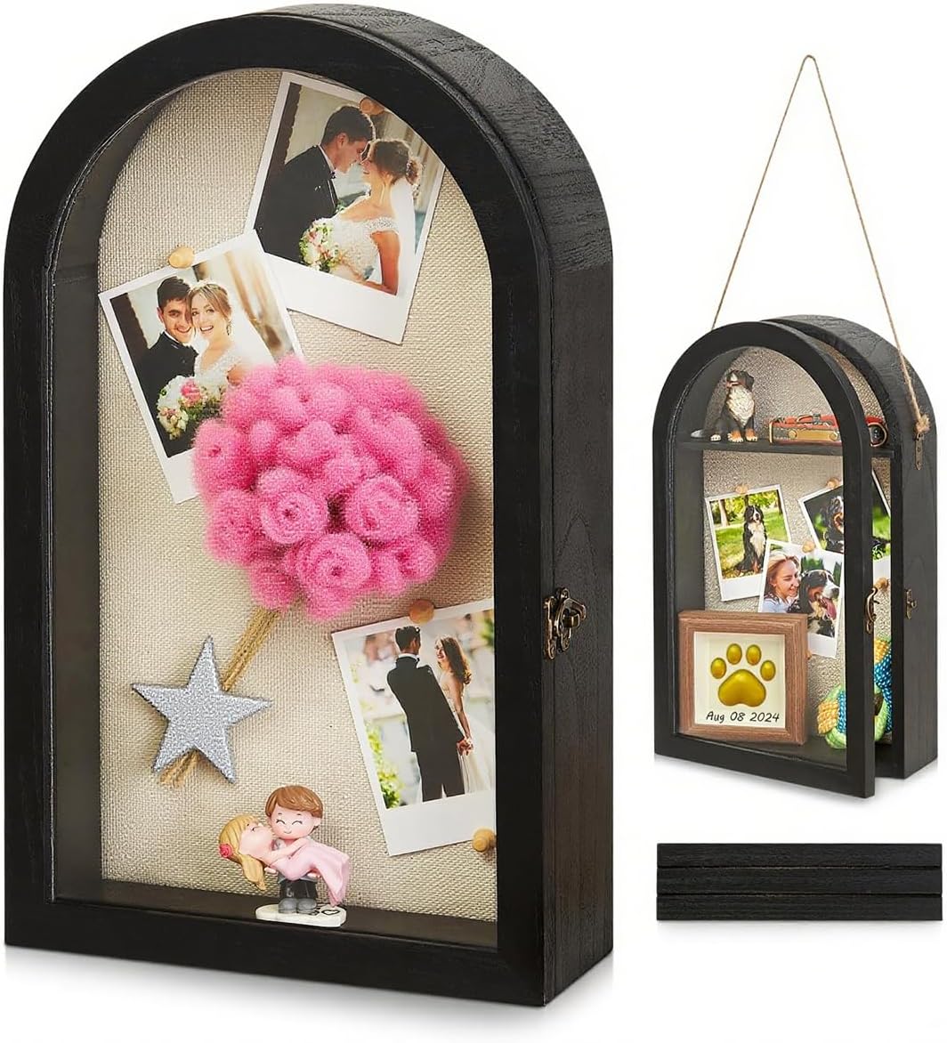 11x16 Shadow Box Frame with Plexiglass, Deep Shadow Box Frame with Linen Back and Removable Shelves,Wood Glass Display Case for Medals, Photos, Memorabilia, Awards,4" Depth (Carbonized)