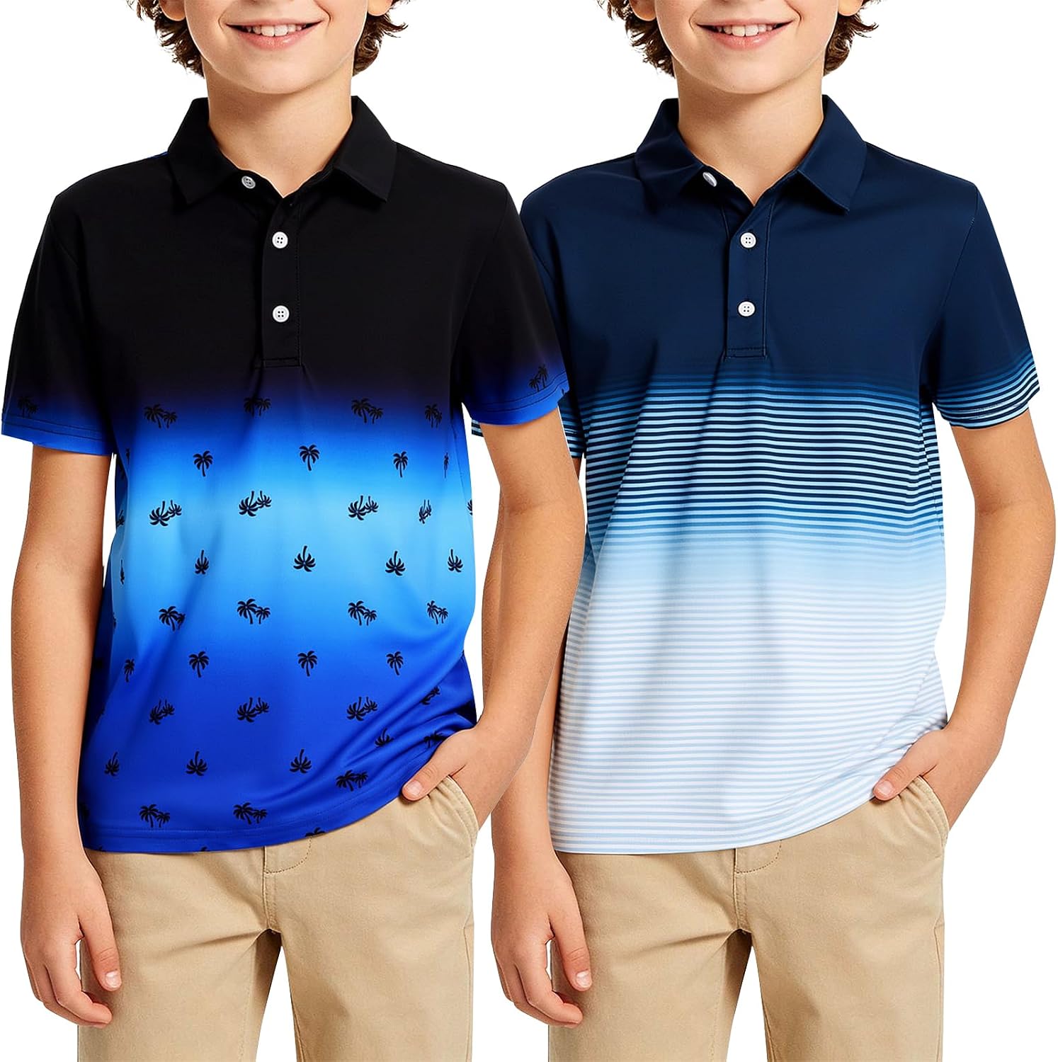 Kids4ever 2 Pack Boys Short Sleeve Polo Shirt Print Golf Active Casual Collared Shirts Funny Sport Clothes Black Blue Navy Gradient Stripes Tennis Tops Size 7-8