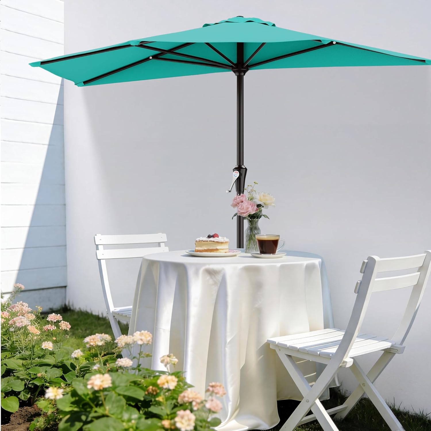 AreShark 9FT Half Patio Umbrella, Outdoor Wall Umbrella with Crank & 5 Sturdy Ribs,Table 1/2 Umbrella Patio for Garden, Deck, Balcony and Pool, Teal Blue