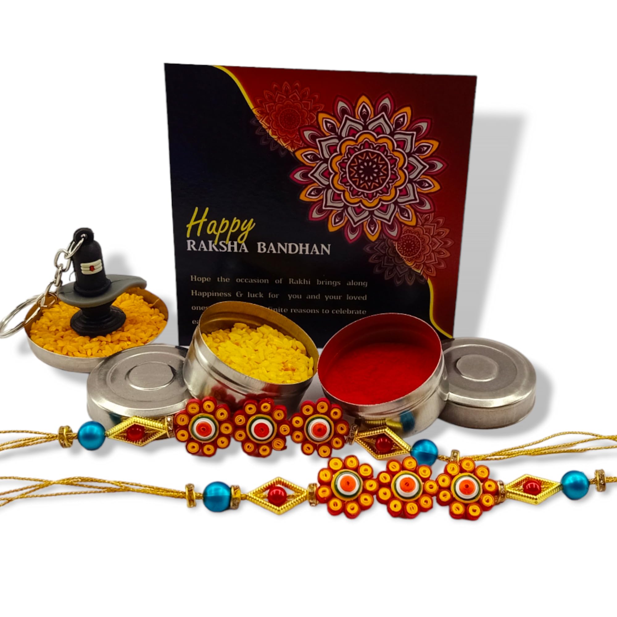 Crafts Planet Quilling Handmade Beautiful Rakhi for Brother/Bhaiya (Yellow) & SET OF(2) for Raksha bandhan with free chawal, Roli dibiya and free greeting card with Shivling Keychain gift.