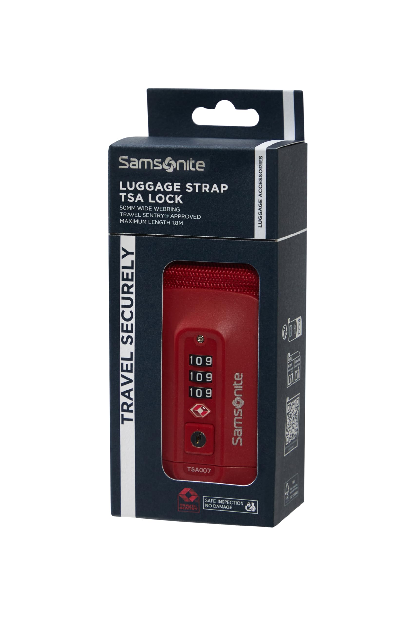 Samsonite TA Revolution – Luggage strap with TSA lock, adjustable 50mm, sturdy click buckle, secure luggage strap for travel, red
