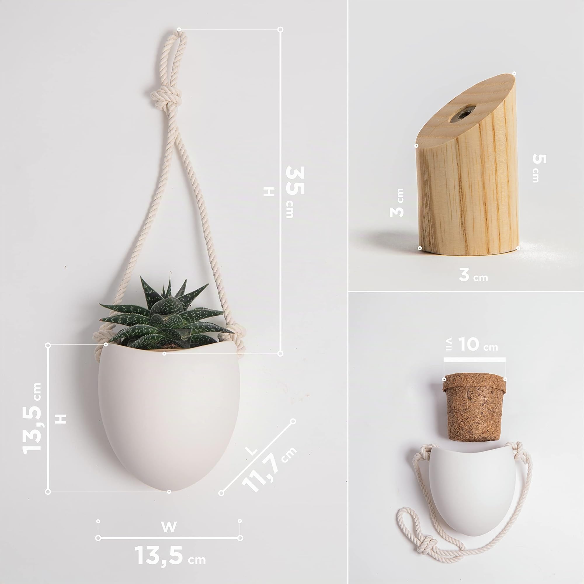 Kazai. | Vasi da Parete in Porcellana | Set 3 Pezzi | Compresi Ganci di Legno | Bianco opaco
