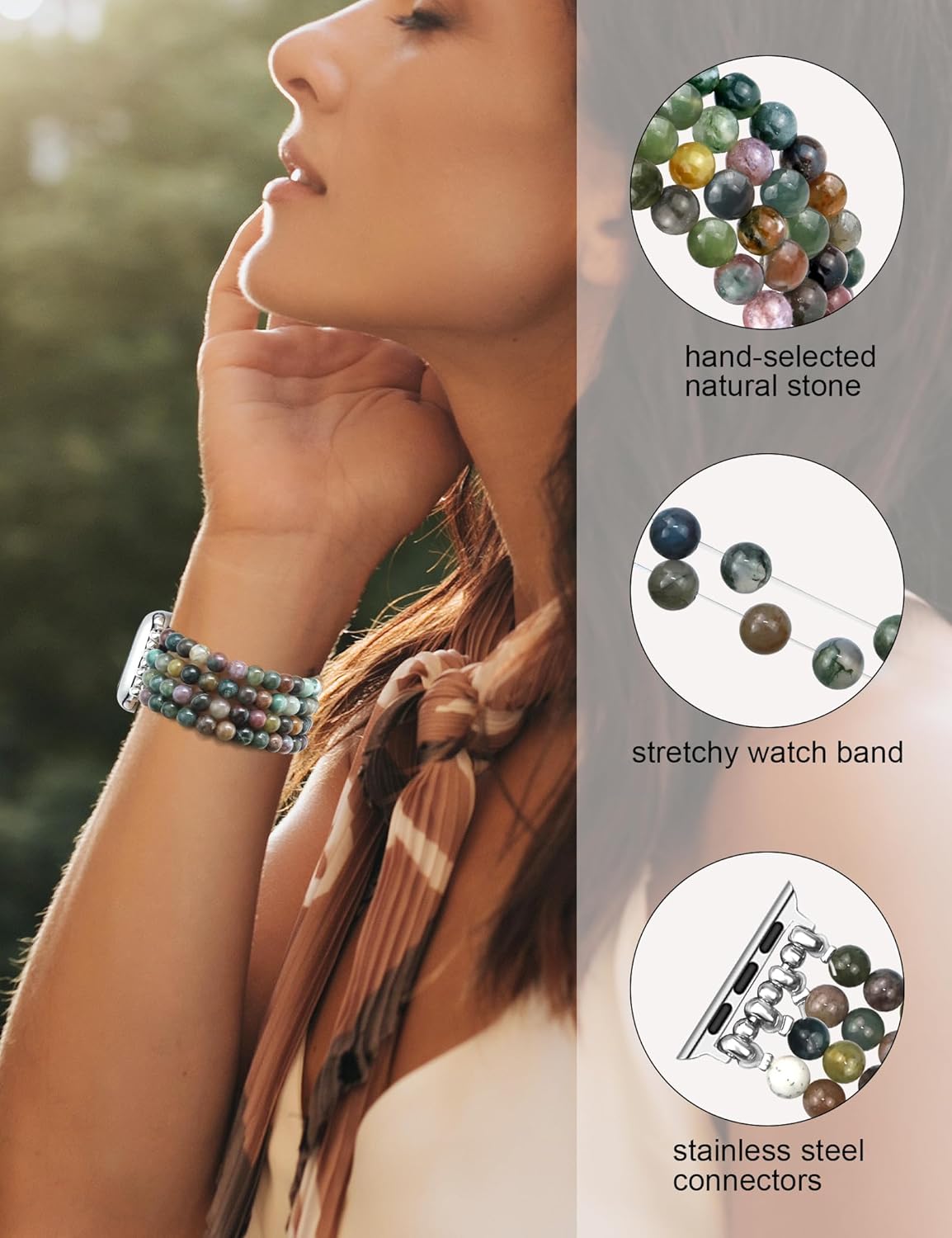 JR.DM Natural Stone Beaded Bracelet Bands for Women Compatible with Apple Watch 40mm 41mm 38mm 42mm(S10/11) Comfort Cool Elastic Strap Replacement for iWatch Series 11/10/9/8/SE/7/6/5/4/3/2/1 - Image 2