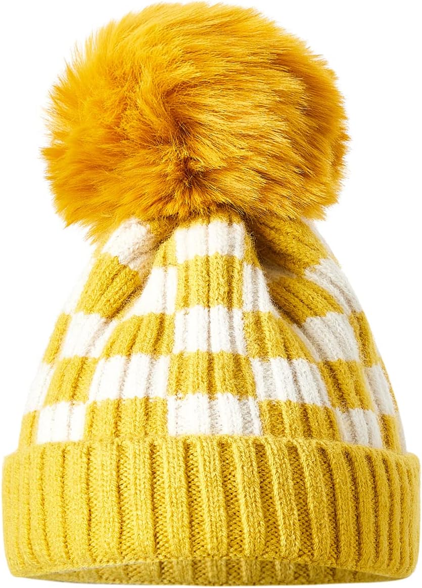 Toddler Kids Baby Beanie Hat Knitted Thick Winter Caps Cute Checkerboard Pompom Hats for Girls Boys 1-4 Years Old