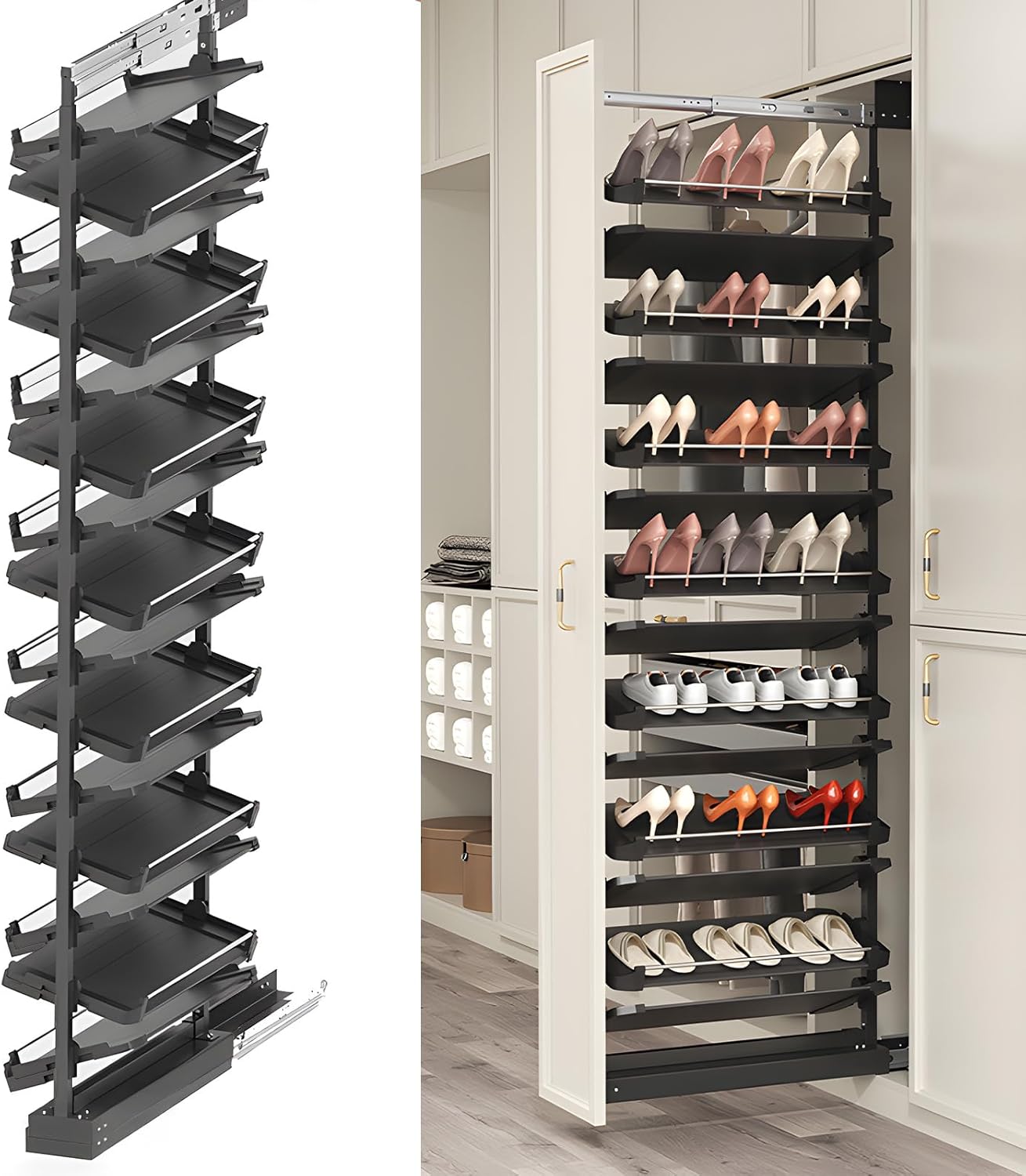 4-15 Tier Cabinet Pull Out Shoe Rack, Adjustable Vertical Shoe Organizer for Closet and Wardrobe Cabinet, Heavy Duty Slide Out Shoe Storage System, Under Stairs Storage, Fits Depth 17.7"-34.3"