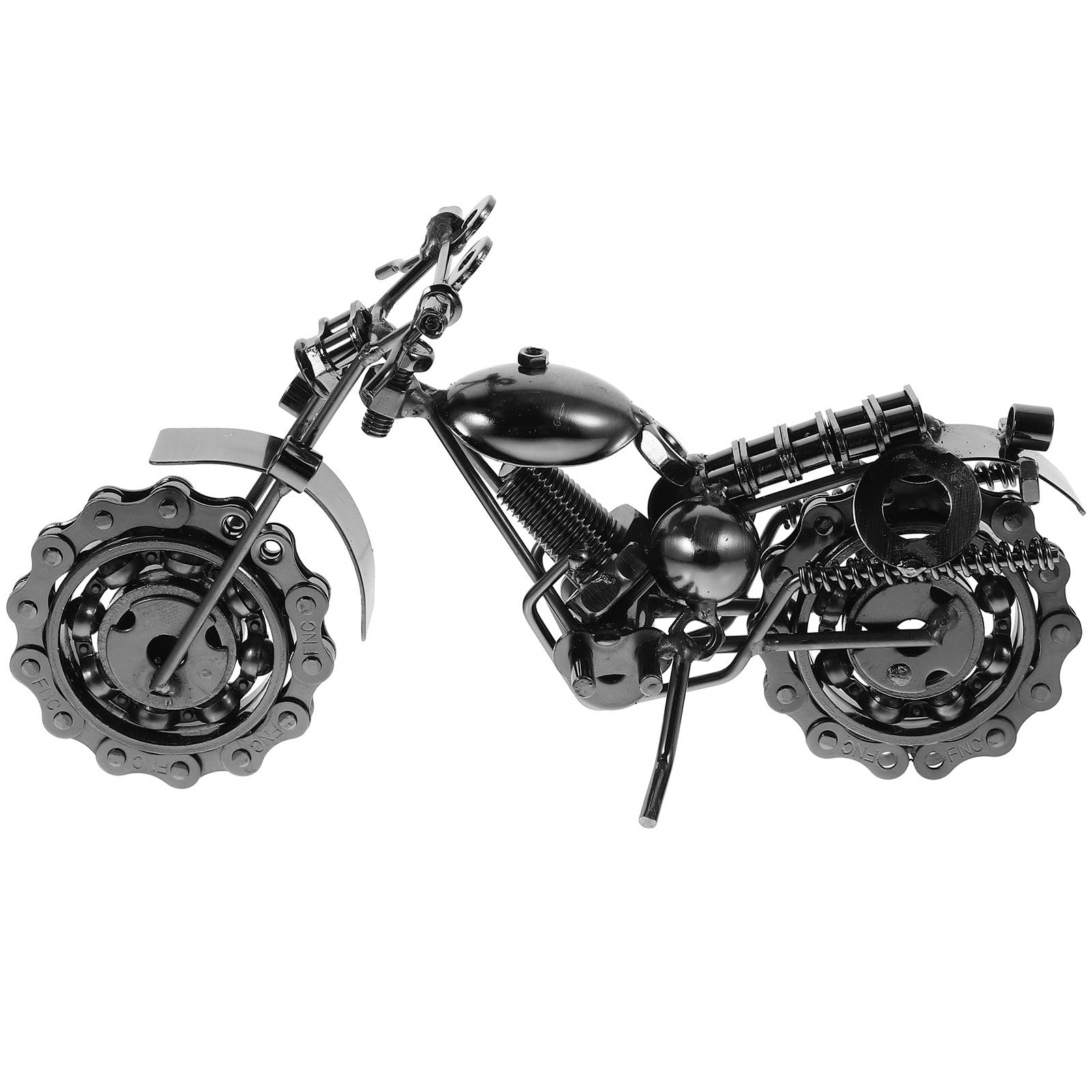 Motocicleta de hierro con ruedas móviles y diseño artesanal de colección