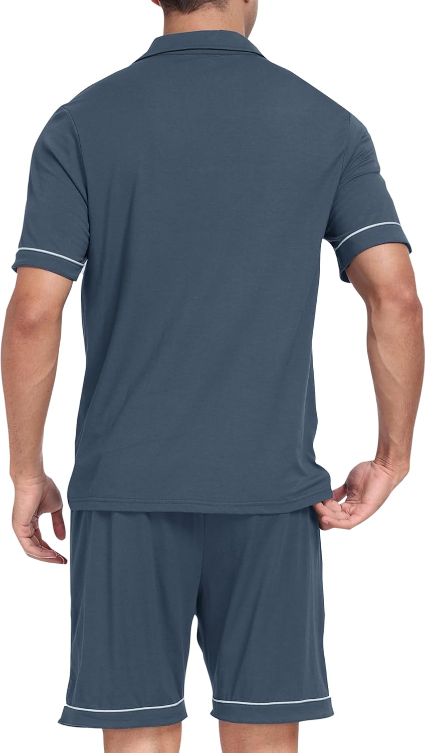 MoFiz Mens Cotton Pajamas Set Sleepwear Shorts Soft Summer Button Down Pjs Set 2 Piece Loungewear with Pockets S-3XL