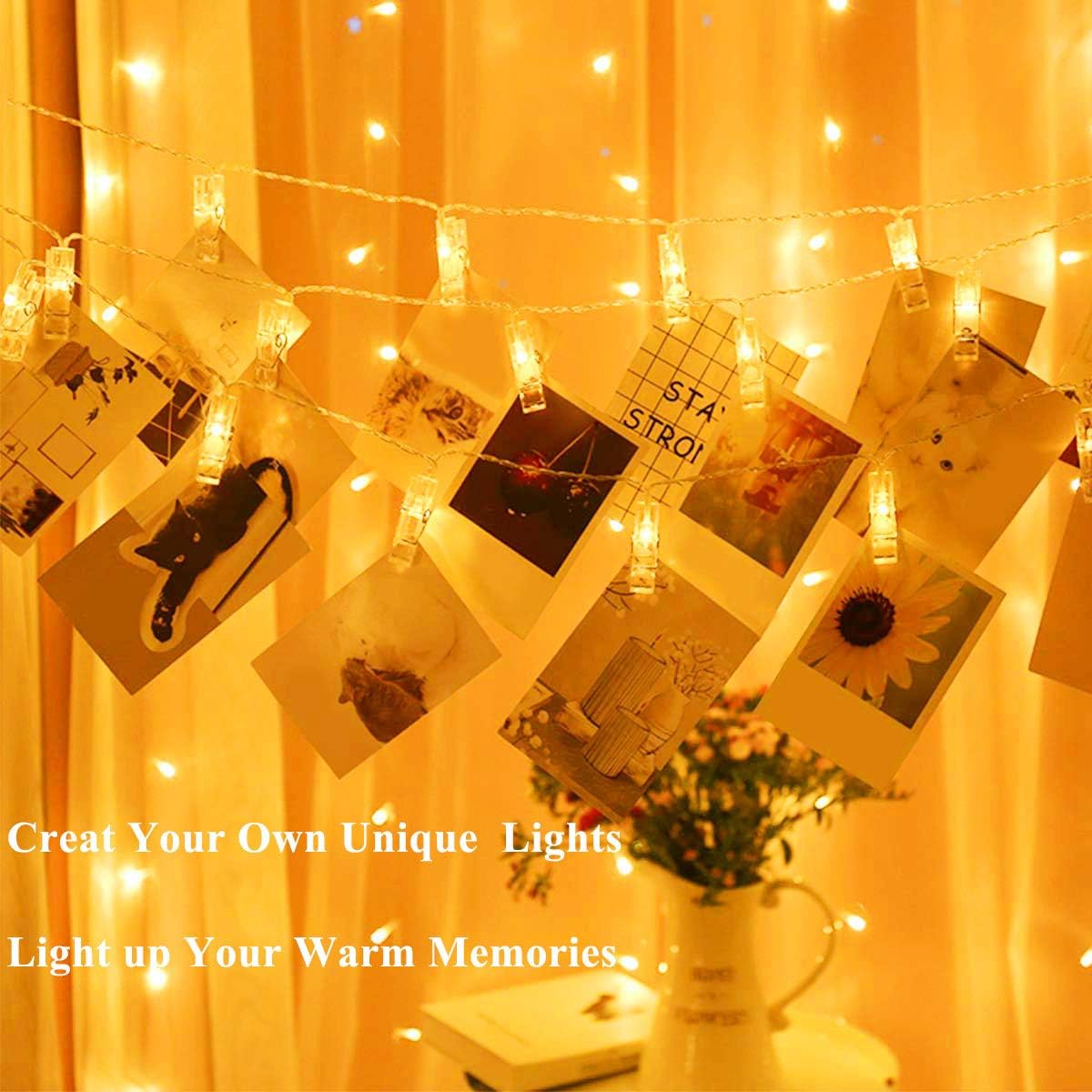 24.6FT 50 Christmas LEDs Photo Clips String Lights with Remote，USB Operated Fairy Twinkle Lights with Clips , 8 Modes Photo String Lights with Clips for Party Bedroom Home Decoration.(Warm White)