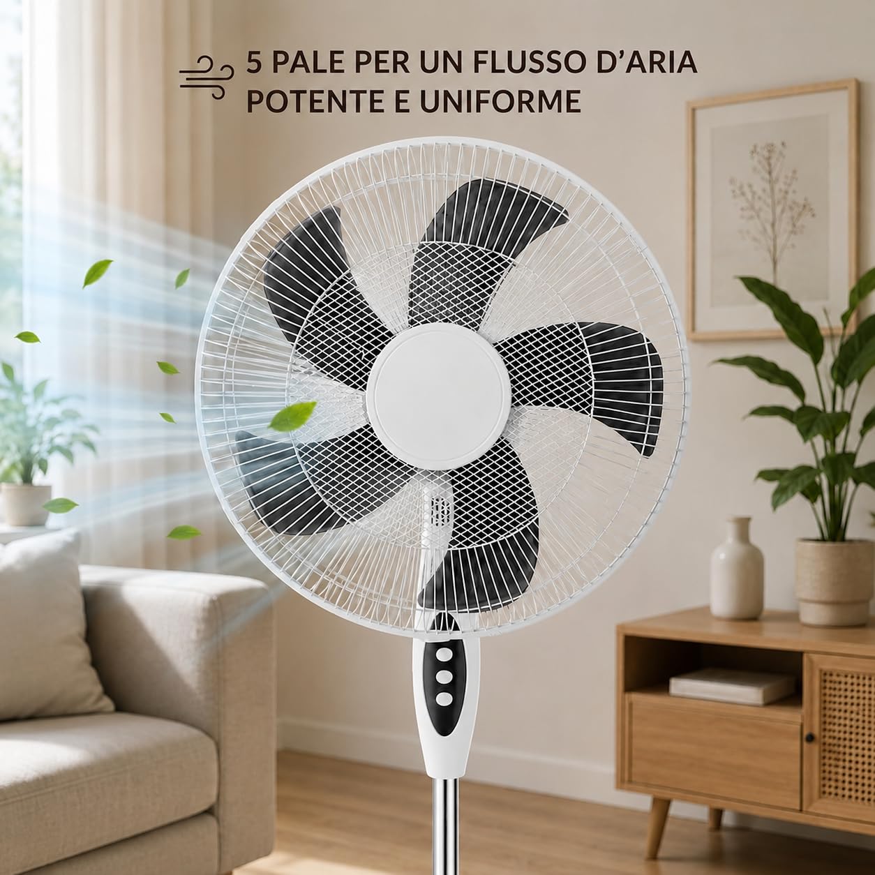 Ventilatore a Piantana Ø 40 cm BIANCO - FACILE MONTAGGIO - 50 W - 3 Velocità - STABILE e SILENZIOSO - Oscillazione Orizzontale - Altezza Regolabile 103-130 cm - Testa Inclinabile - Base a Croce