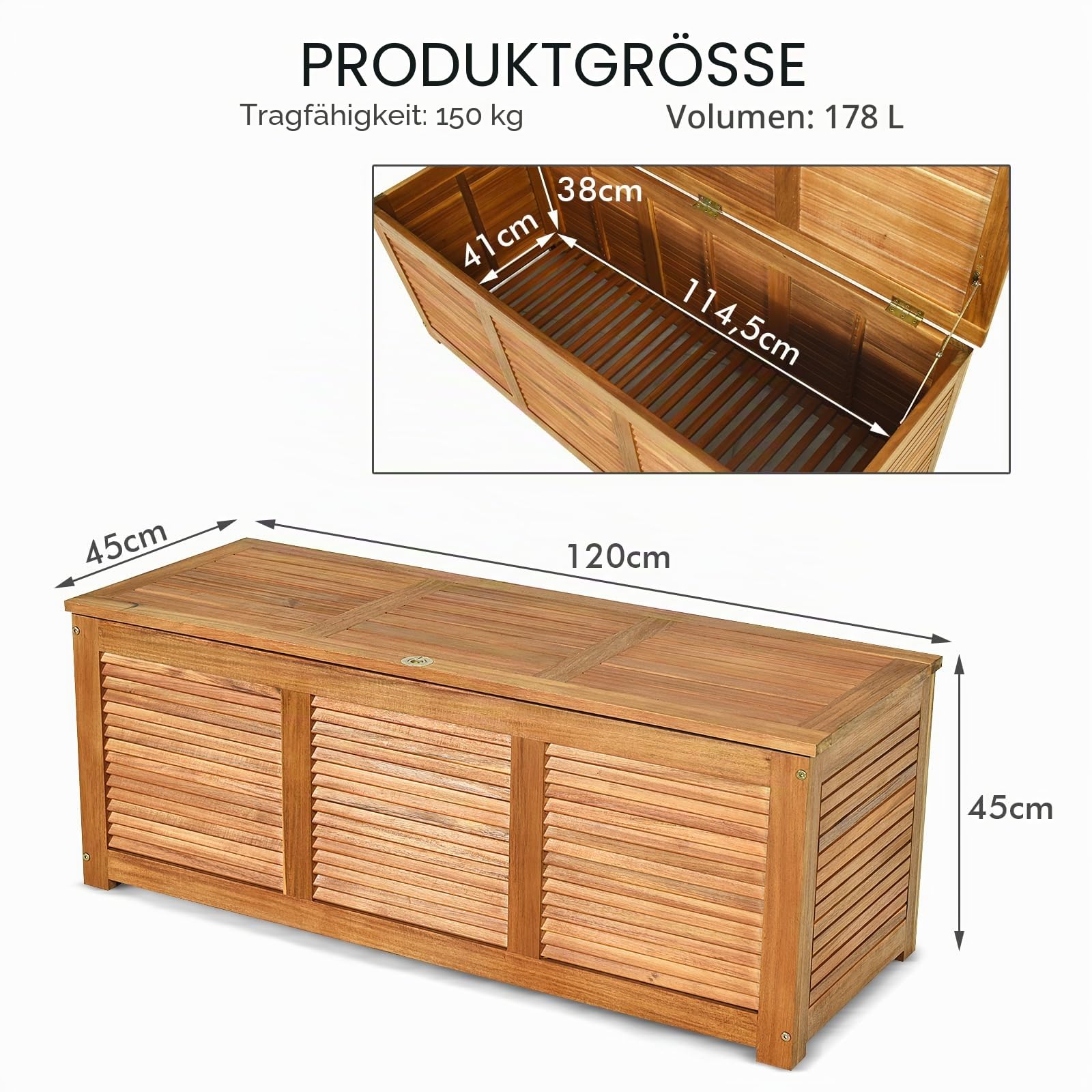 HOMASIS 178L Auflagenbox wetterfest, XXL Gartenbox aus Akazienholz, Aufbewahrungsbox mit Deckel & Griff, Kissenbox Kissentruhe Auflagentruhe Gartentruhe Terrassenbox Outdoor, 120 x 45 x 45 cm, Natur