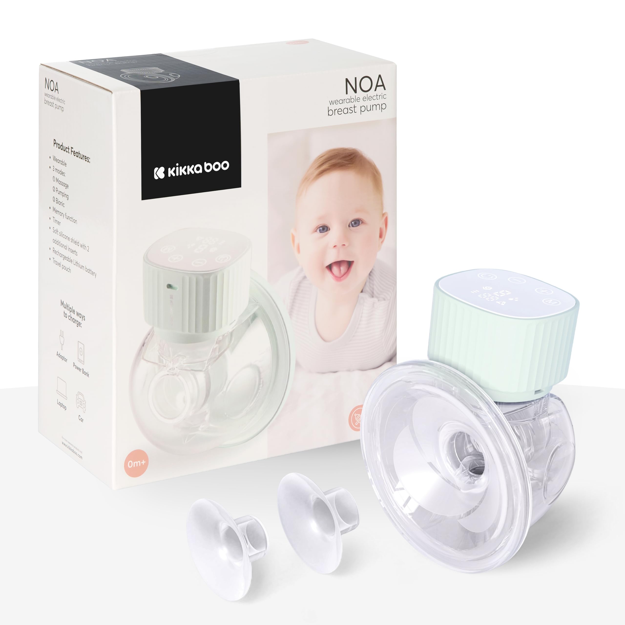 KikkaBoo Sacaleches Eléctrico Manos Libres y Portátil NOA, Extractor de Leche Materna, 3 Modos y 9 Niveles, Pantalla LED, Memoria, Fácil de Limpiar, Menta